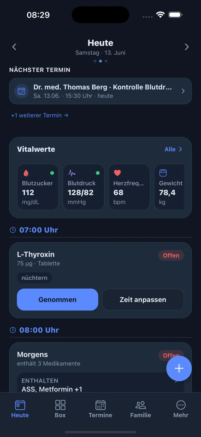 Nurelio Heute-Ansicht mit Vitalwerten und Einnahmen