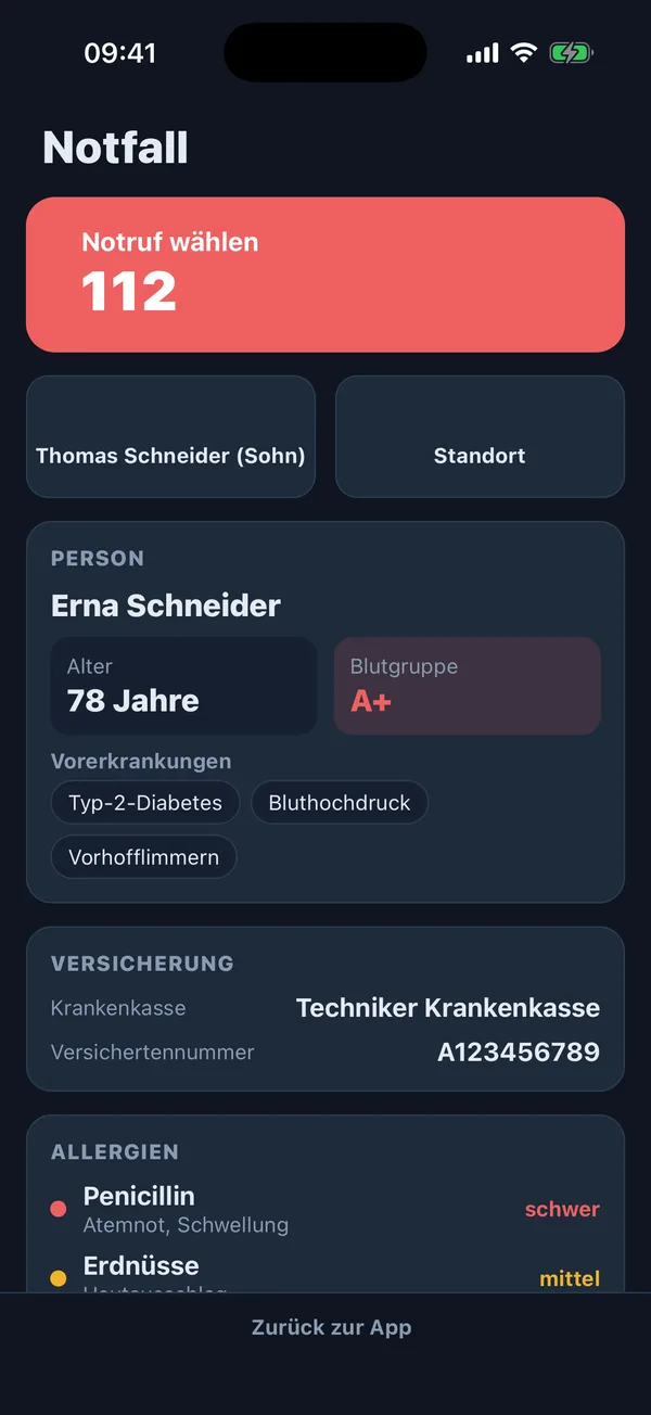 Nurelio Begleiter-Notfallansicht mit Notruf-Knopf 112, Name, Alter und Blutgruppe der Patientin