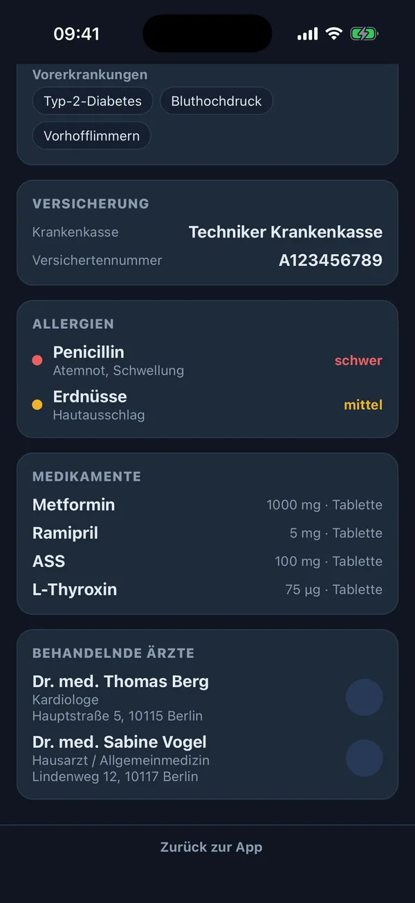 Nurelio Begleiter-Notfallansicht mit Allergien, Medikamentenliste und behandelnden Ärzten