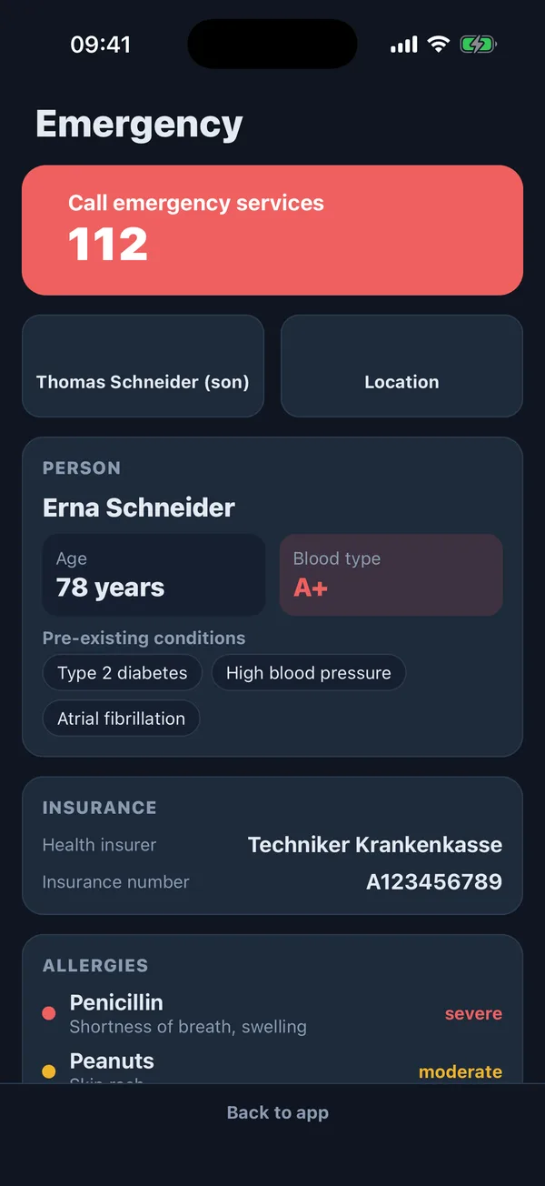 Nurelio companion emergency view with emergency call button, the patient's name, age and blood type