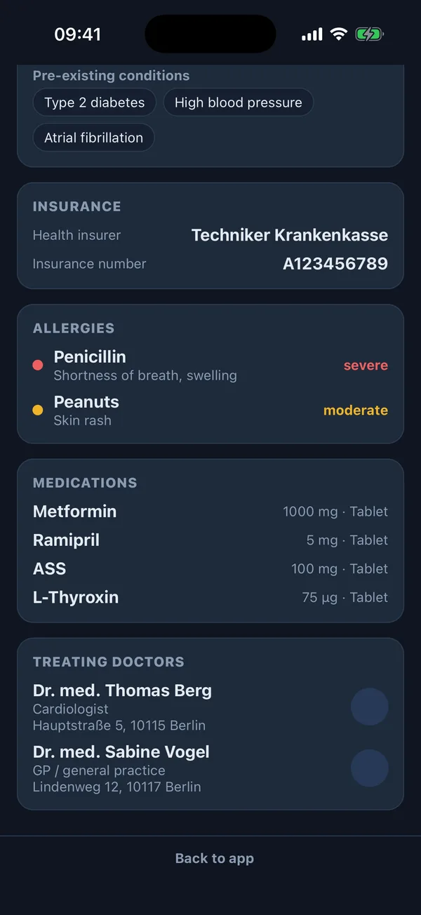 Nurelio companion emergency view with allergies, medication list and treating doctors