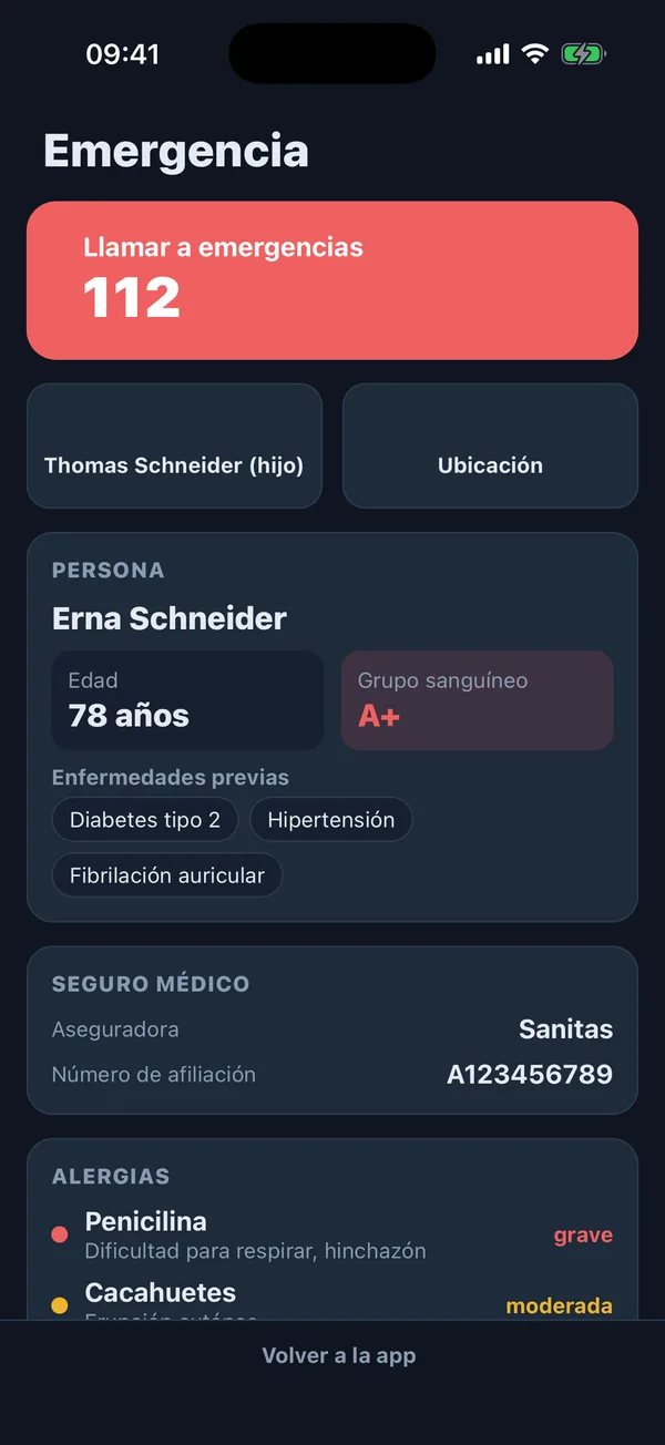 Vista de emergencia del acompañante en Nurelio con botón de llamada al 112, nombre, edad y grupo sanguíneo de la paciente