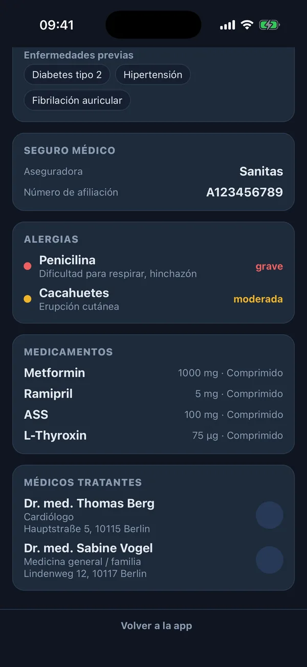 Vista de emergencia del acompañante en Nurelio con alergias, lista de medicamentos y médicos que la tratan