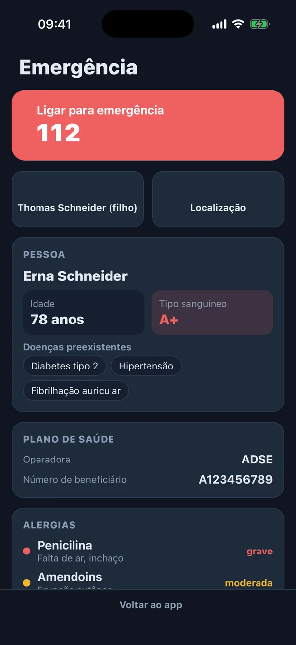 Vista de emergência do acompanhante na Nurelio com botão de chamada para o 112, nome, idade e grupo sanguíneo da doente