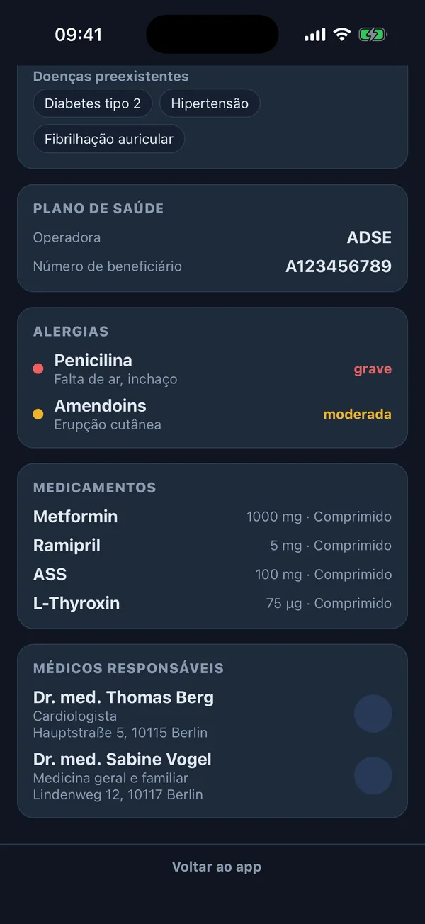 Vista de emergência do acompanhante na Nurelio com alergias, lista de medicamentos e médicos assistentes